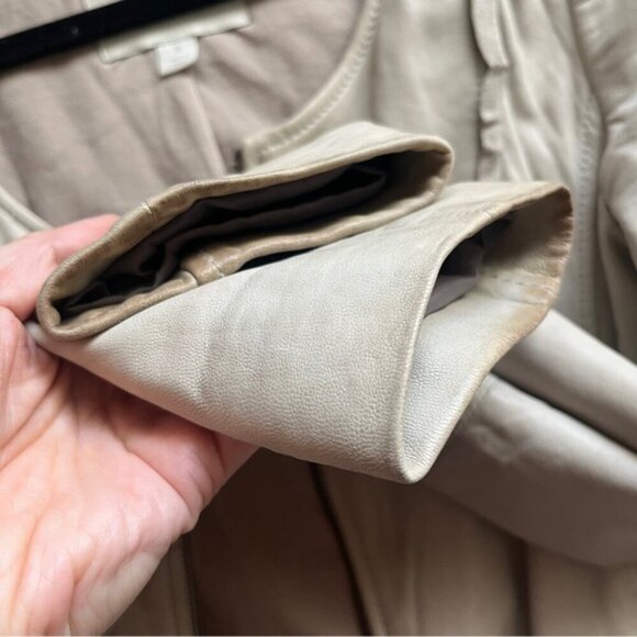 Hinge beige scoop neck zipper leather jacket Sz M - Picture 12 of 15